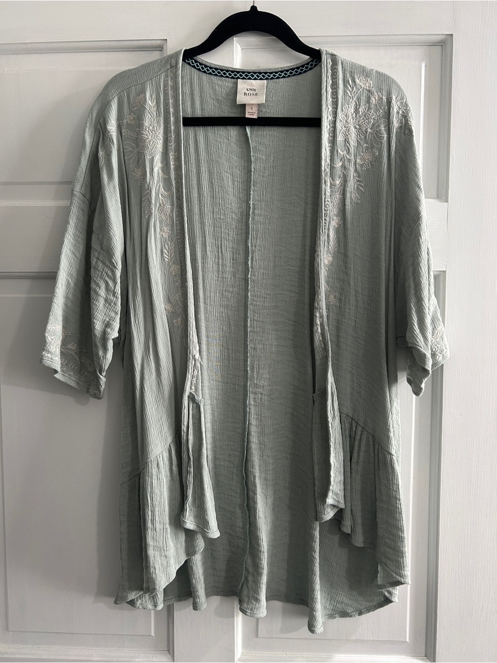 Maeve Sage Green Open-Front Embroidered Kimono